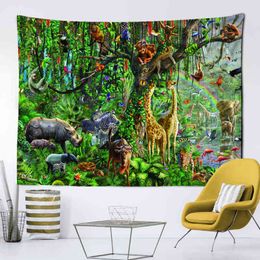 Cartoon Animal World Tapestry Dinosaur Illustration Wall Hanging Room Hippie Decor Living Bedroom Bohemian J220804