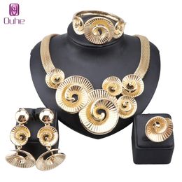 Fashion Luxury Dubai Gold Color Costume Necklace Bangle Wedding Party Elegant Women Earrings Ring Classic Jewelry Sets