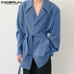 Fashion Men Blazer Solid Color Lapel Long Sleeve Streetwear Casual Suits With Belt Button Thin Jackets INCERUN S 5XL 220822