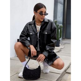 Size S-2XL Autumn Winter PU Leather Jacket For Women Loose Casual Long Sleeve Motorcycle Lapel Jackets And Coats Ladies