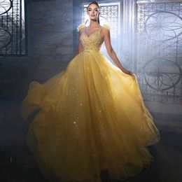 Yellow Plunging Prom Dresses V Neck Feather Evening Gown Beaded Belt Glittler Special Ocn Dress For Arabic Dubai Womens 326 326