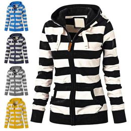 Women's Hoodies & Sweatshirts Women Sweatshirt Striped Hooded Breathable Autumn Winter Drawstring Pockets Long Sleeve Hoodie Zipper Coat Wom