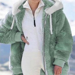 Women's Winter Plush Warm Jacket Hooded Zipper Faux Fur Coat Sweater casual Loose Outwear Fashion Overcoat Plus Size 220822
