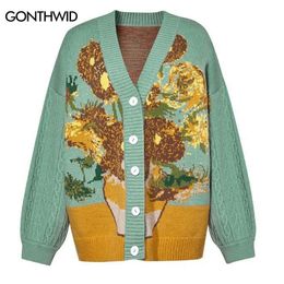 Unisex Cardigan Sweater Harajuku Van Gogh Sunflower Knitted Button Cardigan Women Men Autumn Casual Loose Knit Top Green Blue 220822