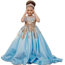 Girl's Dresses Sky Blue Satin Aline Toddler Flower Girl Golden Sequin Beads Princess Communion Birthday Pageant Robe De DemoiselleGirl's