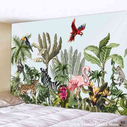 Birds And Animals Carpet Wall Hanging Rugs Tropical Plant Printed Psychedelic Hippie Home Decor Scarf Blanket J220804