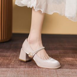 Dress Shoes Thick Heel Pearl Mary Jane Lace-up Satin Pumps Women Retro High Heels Sapatos Femininos Zapatos Mujer Escarpins TalonDress