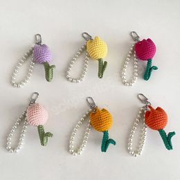 Korean Cute Keychains For Women Fabric Tulip Pearl Woven Wristband Bracelet Key Chains Rings Flowers Pendant Car Keyring