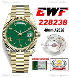 EWF Day Date 228238 ETA A2836 Automatic Mens Watch Yellow Gold Fluted Bezel Green Roman Dial Presidential Bracelet Same Serial Card Super Edition Puretime I8