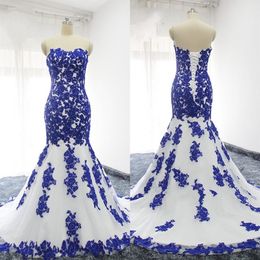 Royal Blue Applique кружевная русалка свадебные платья без бретелек с бретелек из бисера плюс свадебное платье для женской вечеринки на свадьбе FO234O