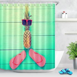 LB Flamingo Pineapple Summer Shower Curtain - Beach Vibes for Bathroom Decor with Glasses, Slippers & Wooden Blue Background.