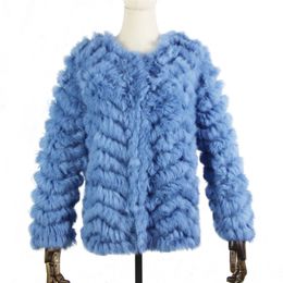 Womens Fur Faux Real Knitted Rabbit coat jacket Fashion stripe sweater Lady Natural Wedding Party Wholesale 220829