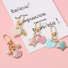 Women Girls Heart Shell Pendant Keychain Fashion Elegant Letter Label Imitation Pearls Key Chain Handbag Hanging Charm Keyring