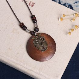 Women Pendant Necklace Vintage Ethnic Style Wooden Flower Leaf Owl Elephant Long Sweater