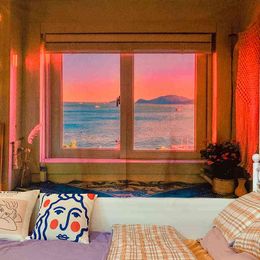 Home In Hanging Wall Cloth Sunset Glow Window Carpet Landscape Background Fabric Room Bedroom Bedside Table Decoration Carpets J220804