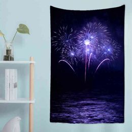 Purple Colourful Fireworks Starry Sky Tapestry Black Background Wall Hanging Room Dorm Rugs Art Home Psychedelic J220804