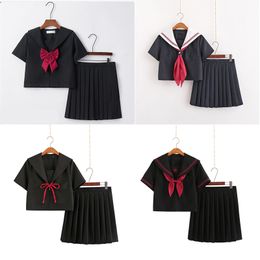 Clothing Sets Japanese School Dresses Black Navy Blue Short Sleeve Sailor Anime Jk Pleated Skirt Uniform Dress For High Girls With TieClothi