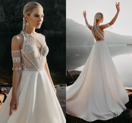 Bohemian Halter Beach Wedding Dress Racer Back Cutout Tasselled crochet Lace Transparent Satin Skirt Boho Bridal Gowns