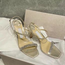 2022 Luxury Women Designer Sandals MEIRA Platinum Ice Dusty Glitter with Leaf Crystal Embellishment Lady Pumps Ankle Strap Gladiator Sandalias Dress Party Wedding