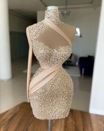 High Neck Pearls Cocktail Dresses One Shoulder Long Sleeve Sequined Beaded Women Prom Dress Champagne Evening Gowns For Photos