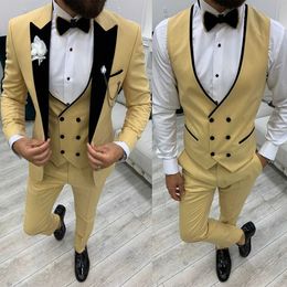 Latest Design Simple Mens Tuxedos Groom Wear One Button Yellow Peaked Lapel Suits Business Prom Party Blazer Jacket Vest Pants 3 Pieces