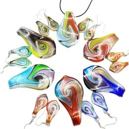 6 Set Fashion Glass Murano Leaf Twist Pendant Necklace Earrings Jewellery Set Mixed Colour Leaves Shape Ethnic Style