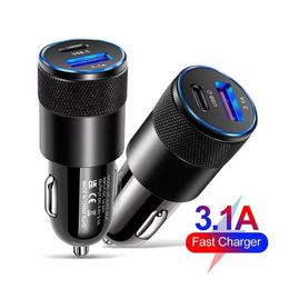 3.1A 15W Car Charger USB with PD Aluminum Alloy Cigarette Lighter Adapter Fast Charger Auto Replacement Chargers for iphone 12 13 14 Samsung S22