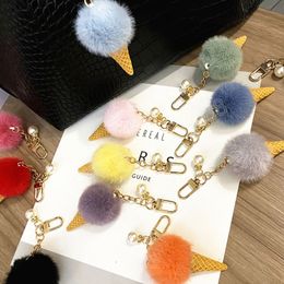 Faux Fur Ice Cream Keychain Cute Cartoon Plush Furry Bags Hang Cone Car Key Keyring Creative Gift