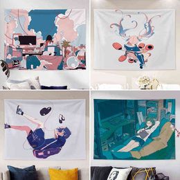 Home Japanese Illustration Decoration Mural Ins Literary Girl Student Flat Bedside Table Macrame Carpet Wall Hanging J220804