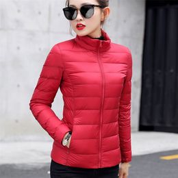 Womens Down Parkas Light Duck Puffer Coat Women Autumn Coats Warm Female Casual Jacket Stand Collar Pocket Lady Slim 3XL 220829