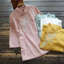 chinese style shirts women UK - Women's Blouses & Shirts Floral Embroidery Retro Buckle Loose Top Women Summer Chinese Style Lace Stand Collar Casual Female Cotton Linen Sh