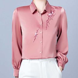 Women's Blouses & Shirts Elegant Women Embroidered Long Sleeve Female Neck Clothes Woman Satin Solid Button Up Basic Tops Spring 2022Women's