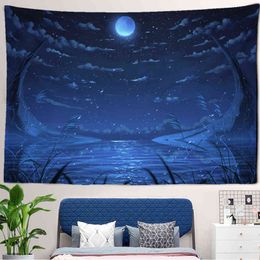 Night Starry Sky Moon Tapestry Art Home Psychedelic Galaxy Hanging Wall Rugs Hippie Retro Decor J220804