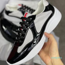 2022 Men America'S Cup Leather Sneakers Casual Shoes Patent Flat Trainers Black