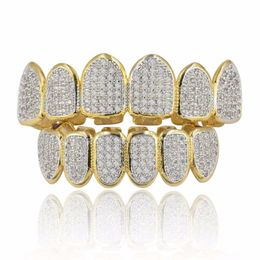 Men's Hip Hop Fang Top Bottom Teeth Grillz Set - Micro Pave White CZ Rhinestone Bling Iced Out Rapper hip hop jewelry in Gold and Silver Color