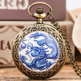 Pocket Watches Steampunk Blue Flying Dragon Patch Quartz Watch Necklace Chain Pendant Clock Gifts Men Women Retro TimepiecePocket