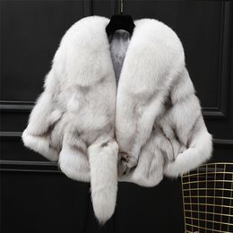 Womens Fur Faux Winter Cloak Warm Women Cardigan big real Collar Cape Fashion Solid Poncho With medium Sleeves Evening dress shaw 220829