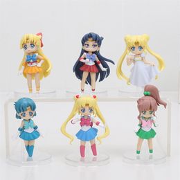 6pcs Set Anime Cartoon Sailor Moon Mars Jupiter Venus Mercury Q Version PVC Figures d'action Collectibles Toys Dolls Q0522238V