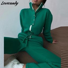 Women's Two Piece Pants Women Stand Collar Jumpsuit Autumn Winter Female Zipper Single Breasted Suit Solid Loose Drawstring Rompers Tracksuits 220819 220826