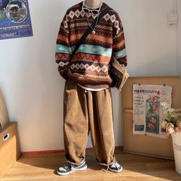 Men's Sweaters HOUZHOU Men's Knitted Vintage Graphic Sweater with Pattern Brown Blue Pullovers Sweaters and Jumpers Korean Streetwear Harajuku L220827