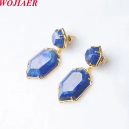 WOJIAER Polygons Shape Stud Earrings Gold Color Natural Stone Long Pink Quartz Turquoises Tiger Eye Healing Jewelry Female Gift BO990