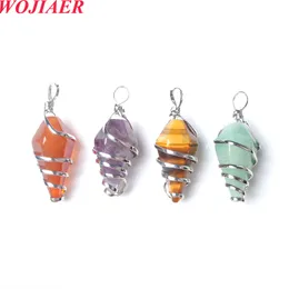 WOJIAER Fashion Spiral Cone Crystal Pendant Natural Stone Wire Wrap Gems Bead Unakite Jasper Tiger Eye Jewellery Accessories BO987