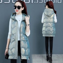 Women's Vests Women's Glossy Women Cotton Padded Puffer Waistcoat Winter Thick Oversized Wave Cut Hooded Vest Jacket Casual Zipper