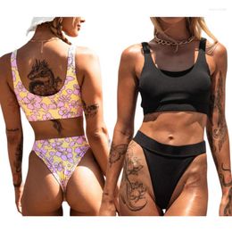 Women's Swimwear Women's Ladies Summer Split Set Adults Women Creative Solid Color/Floral Printing Tank Top Style Sexy Backless Bikini