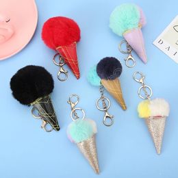 Double Color Ice Cream Keychain Soft Artificial Rabbit Hair Ball Keyring Pompom Key Ring Women Shoulder Bag Car Pendant Gifts