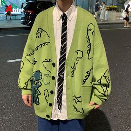 Men's Jackets Abfer Autumn Oversize Cardigan Men Knitted Dinosaur Sweater Streetwear Loose Male Women Coat Doodle Hip Hop Pattern Winter 220826