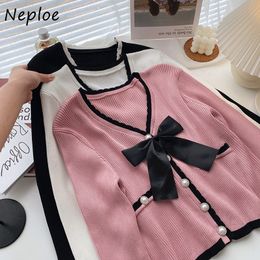 Women's Fur Faux Fur Neploe Vneck Bowknot Decoration Sweater Jackets Women Autumn Sweet Long Sleeve Knit Cardigan Woman Pearl Button Outer Top 220826