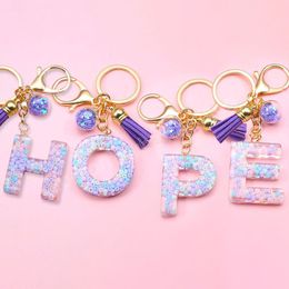 Cute Beads A-Z Letter Keychains Purple Acrylic Metal Key Chain For Women Bag Pendent Keyrings Holder Charm Jewelry Accessories