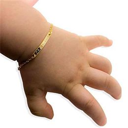 custom gold baby bracelet UK - Baby Name Bar id Bracelet 16k Gold Plated Dainty Hand Stamp Personalized Customized Bangle Children First Birthday Great Gift232i