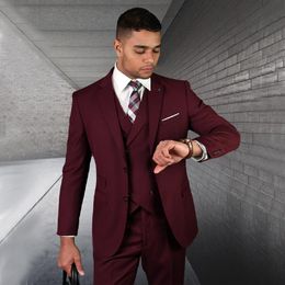 Burgundy Mens Suits Slim Fit Groomsmen Wedding Tuxedos Designer Notched Lapel Blazers Long Sleeves Formal Suit With Jacket Vest And Pants